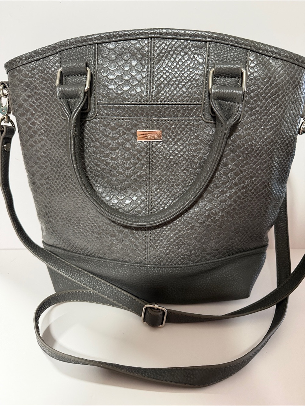 Textured Gray Shoulder Tote with Detachable Crossbody Strap